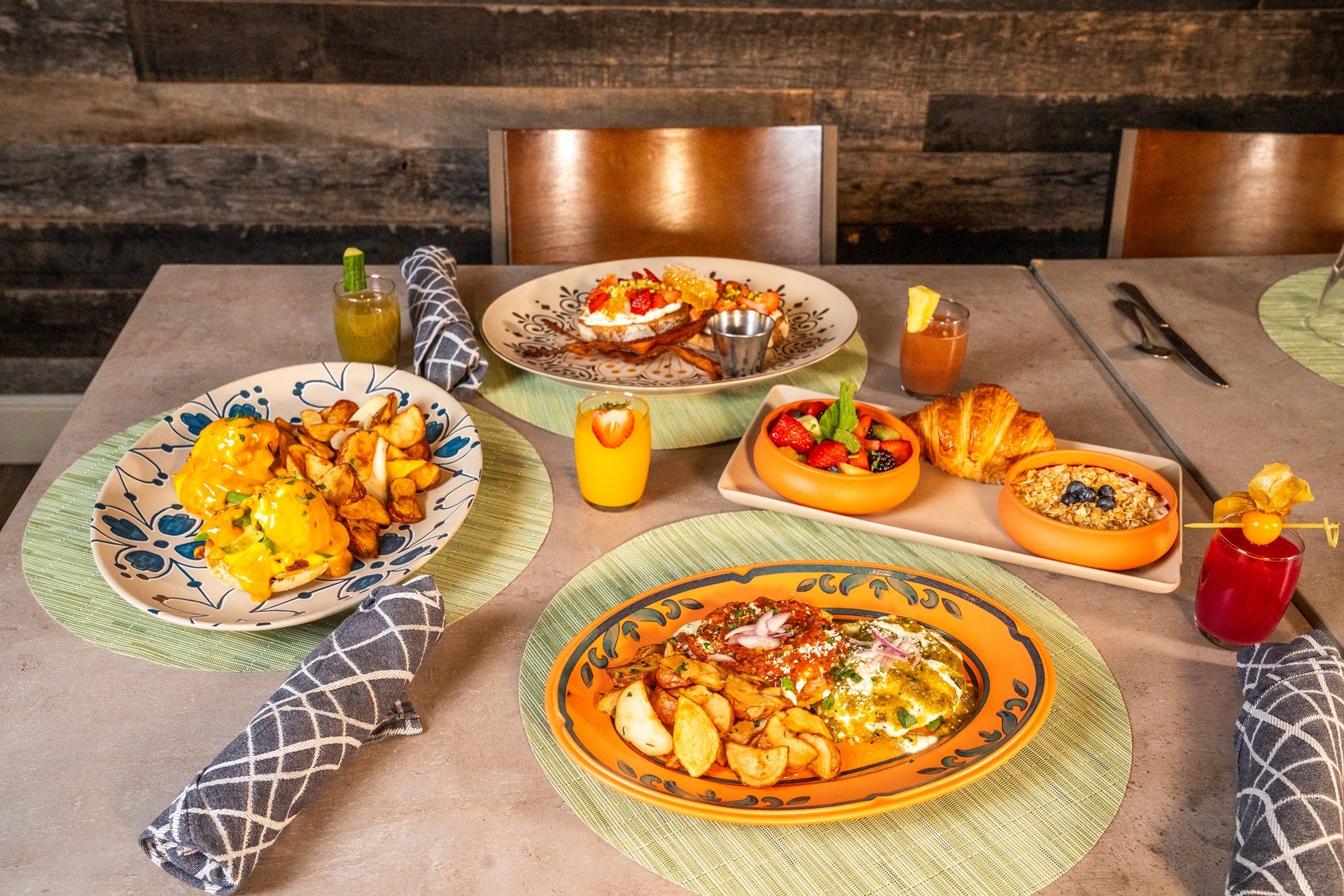 Strawberry & Pistachio Toast, Continental Breakfast, Huevos Rancheros, Southwest Benny, and Morning Tonic options